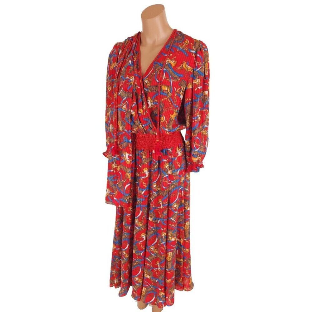 Vintage 80'S Diane Freis Equestrian Maxi Dress Size M Red VTG - Picture 3 of 10